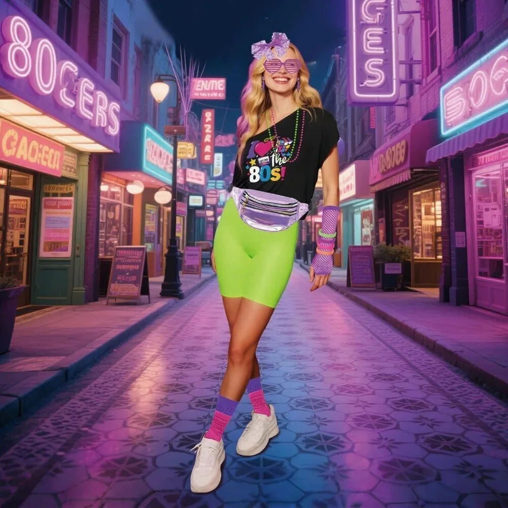 80s Accessories Costume Set for Women Neon Socks Fanny Pack Earrings